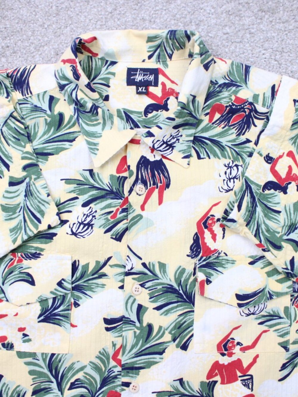 VTG Stussy Shirt Men XL RARE Yellow Hawaiian Streetwear Loop Collar S/S Y2K
